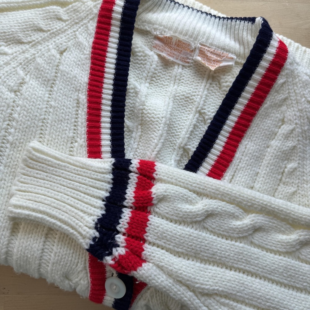 Vintage Full Fashioned Sweater Womens Medium Cable Knit Cardigan 80s Red Blue - Picture 6 of 8
